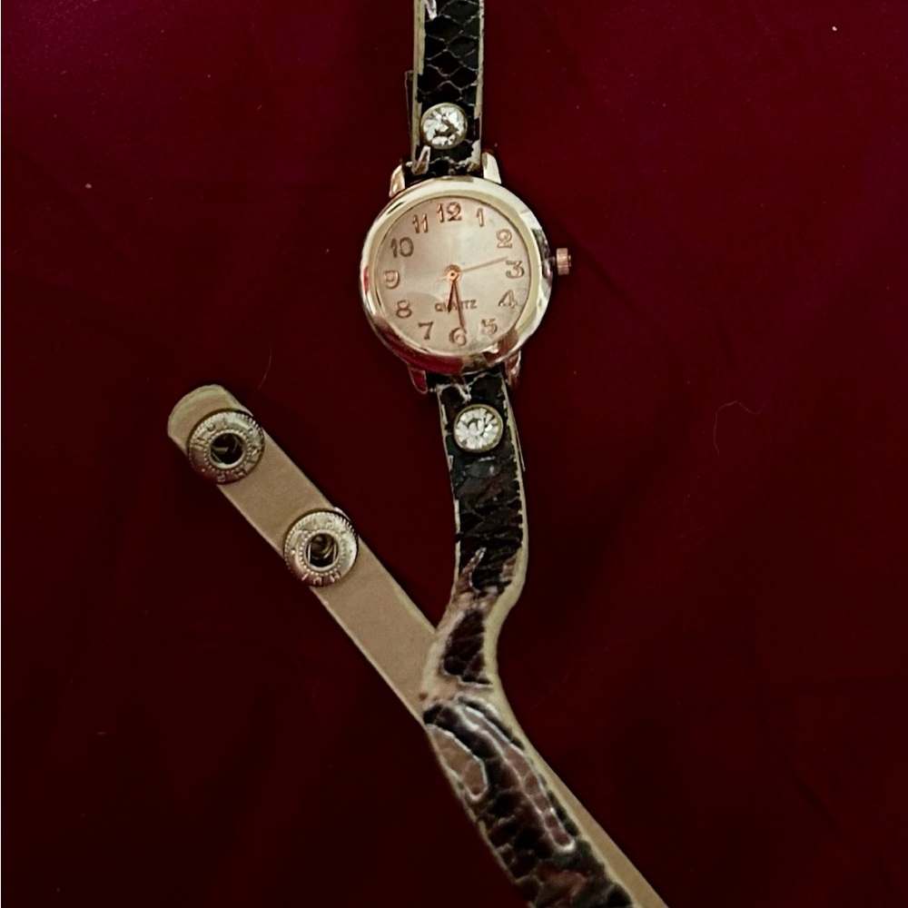 Brown and Gold Women's Snake Wrap Watch with Rhinestones